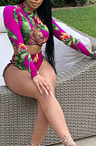 Red Sexy Polyester Floral Long Sleeve Round Neck Crop Top Mid Waist Shorts Sets S6200