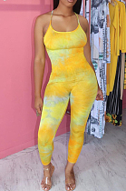 Yellow Casual Polyester Tie Dye Sleeveless Spaghetti Strap  Open Back Cami Jumpsuit BBN091