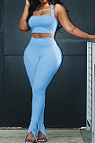 Light Blue Sexy Polyester Sleeveless Backless Tank Top Shorts Sets SM9095