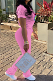 Pink Casual Polyester Mouth Graphic Short Sleeve Round Neck Tee Top Long Pants Sets ARM8191