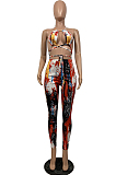 Blue Casual Polyester Tie Dye Sleeveless Backless Knotted Strap Utility Blouse Long Pants Sets BS1203