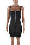 Black Sexy Polyester Gingham Sleeveless Cold Shoulder Zipper Front Slip Dress QQ5187