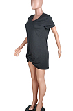 Black Casual Polyester Short Sleeve V Neck Ruffle Short Skirt QQ5185
