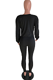 Black Casual Long Sleeve V Neck Crop Top Long Pants Sets ARM8189