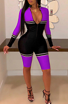 Purple Casual Polyester Striped Long Sleeve Bodycon Jumpsuit YMT6156