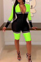 Fluorescent Green Casual Polyester Striped Long Sleeve Bodycon Jumpsuit YMT6156