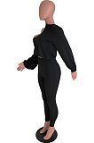 Black Casual Long Sleeve V Neck Crop Top Long Pants Sets ARM8189