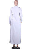 White Casual Letter Long Sleeve V Neck Buttoned Long Dress LML122