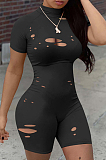 Orange Casual Polyester Short Sleeve Ripped Bodycon Jumpsuit Q603