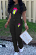 Black Casual Polyester Mouth Graphic Short Sleeve Round Neck Tee Top Long Pants Sets ARM8191