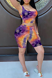 Light Purple Red Sexy Polyester Tie Dye Sleeveless Round Neck Tank Top Shorts Sets YMT6153
