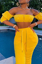 Yellow Casual Polyester Short Sleeve Backless Ruffle Utility Blouse Long Pants Sets Q602