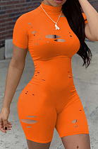 Orange Casual Polyester Short Sleeve Ripped Bodycon Jumpsuit Q603