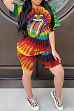 Blue Casual Polyester Mouth Graphic Short Sleeve Round Neck Tee Top Shorts Sets W8280
