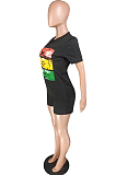 Black Casual Polyester Short Sleeve Round Neck Tee Top Shorts Sets YMT6155