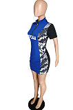Blue Casual Polyester Letter Short Sleeve Mini Dress YMT6131