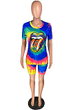 Green Casual Polyester Mouth Graphic Short Sleeve Round Neck Tee Top Shorts Sets W8280