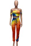 Red Blue Casual Polyester Tie Dye Sleeveless Waist Tie Crop Top Long Pants Sets Q596