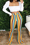 Olive-green Casual Polyester Striped High Waist Wide Leg Pants BBN090