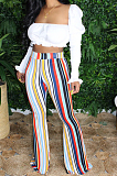 Olive-green Casual Polyester Striped High Waist Wide Leg Pants BBN090
