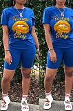 Black Casual Polyester Mouth Graphic Short Sleeve Round Neck Tee Top Shorts Sets W8284