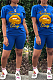Blue Casual Polyester Mouth Graphic Short Sleeve Round Neck Tee Top Shorts Sets W8284