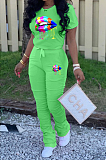Green Casual Polyester Mouth Graphic Short Sleeve Round Neck Tee Top Long Pants Sets ARM8191