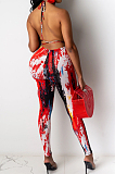 Red Casual Polyester Tie Dye Sleeveless Backless Knotted Strap Utility Blouse Long Pants Sets BS1203