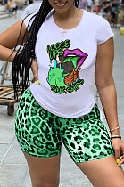 Light Green Casual Polyester Mouth Graphic Short Sleeve Round Neck Tee Top Shorts Sets YMT6154