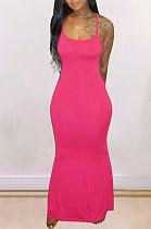 Rose Red Casual Polyester Sleeveless Round Neck Long Dress YMT6152