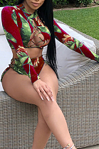 Wine Red Sexy Polyester Floral Long Sleeve Round Neck Crop Top Mid Waist Shorts Sets S6200