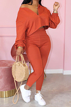 Orange Casual Long Sleeve V Neck Crop Top Long Pants Sets ARM8189