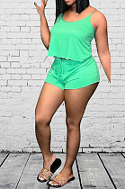 Green Casual Sleeveless Strappy Tank Top Shorts Sets D8371