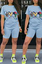 Light Blue Casual Polyester Letter Short Sleeve Round Neck Tee Top Shorts Sets HHM6322