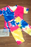 Colorful Yellow Casual Polyester Tie Dye Short Sleeve Round Neck Tee Top Capris Pants Sets QZ4203
