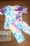 Colorful Purple Casual Polyester Tie Dye Short Sleeve Round Neck Tee Top Capris Pants Sets QZ4203