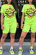 Green Casual Polyester Letter Cartoon Graphic Short Sleeve Round Neck Tee Top Shorts Sets MA6570
