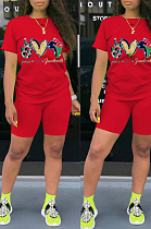 Red Casual Polyester Letter Short Sleeve Round Neck Tee Top Shorts Sets HHM6322