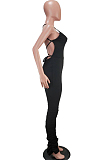 Black Sexy Polyester Short Sleeve Round Neck Spaghetti Strap  Open Back Ruffle Cami Jumpsuit MN8303