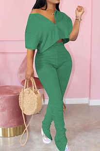 Green Casual Cute Polyester Pure Color Short Sleeve Zipper Front Crop Top High Waist Long Pants Sets MTY6322