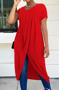Red Casual Polyester Pure Color Short Sleeve Round Neck Anomaly Long Dress LM098