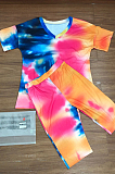 Dark Red Casual Polyester Tie Dye Short Sleeve Round Neck Tee Top Capris Pants Sets QZ4203