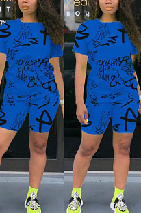 Blue Casual Polyester Letter Short Sleeve Round Neck Tee Top Shorts Sets OEP6198