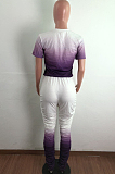 Purple Casual Short Sleeve Round Neck Ruffle Tee Top Long Pants Sets QZ3302