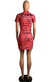 Pink Casual Mouth Graphic Short Sleeve Round Neck Shift Dress OEP6190