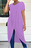 Red Casual Polyester Pure Color Short Sleeve Round Neck Anomaly Long Dress LM098