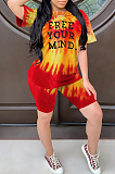 Yellow Casual Polyester Letter Short Sleeve Round Neck Tee Top Shorts Sets W8285