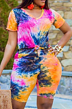 Colorful Yellow Casual Polyester Tie Dye Short Sleeve Round Neck Tee Top Capris Pants Sets QZ4203