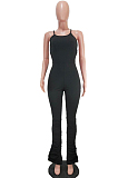 Black Sexy Polyester Short Sleeve Round Neck Spaghetti Strap  Open Back Ruffle Cami Jumpsuit MN8303