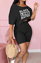 Black Cute Polyester Letter Short Sleeve Round Neck Crop Top Shorts Sets MTY6366